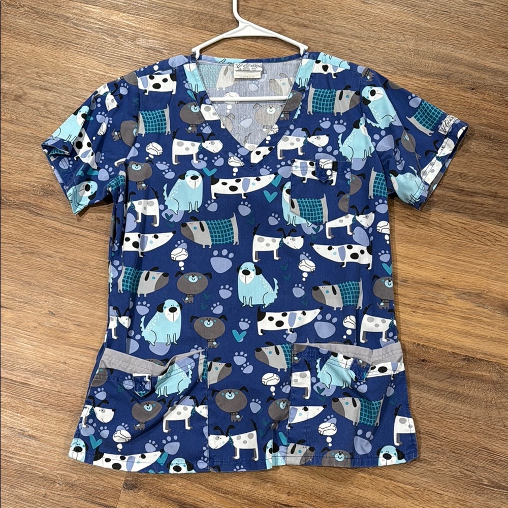 Blue Dog Print Scrub Top